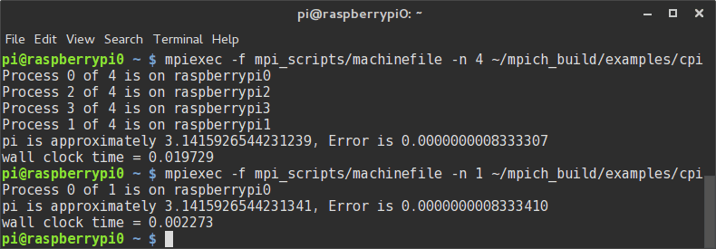 a picture showing that a clustered pi is actually slower at calculating pi...