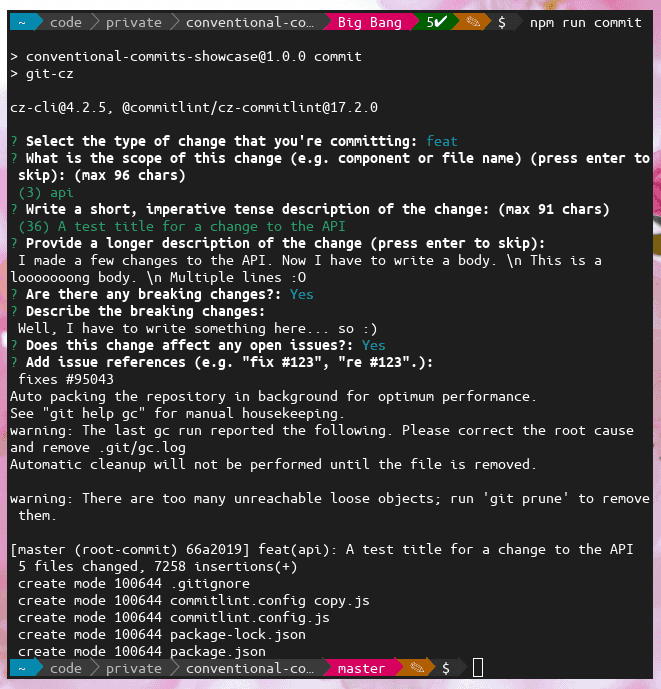 terminal output of npm run commit showing the full commit